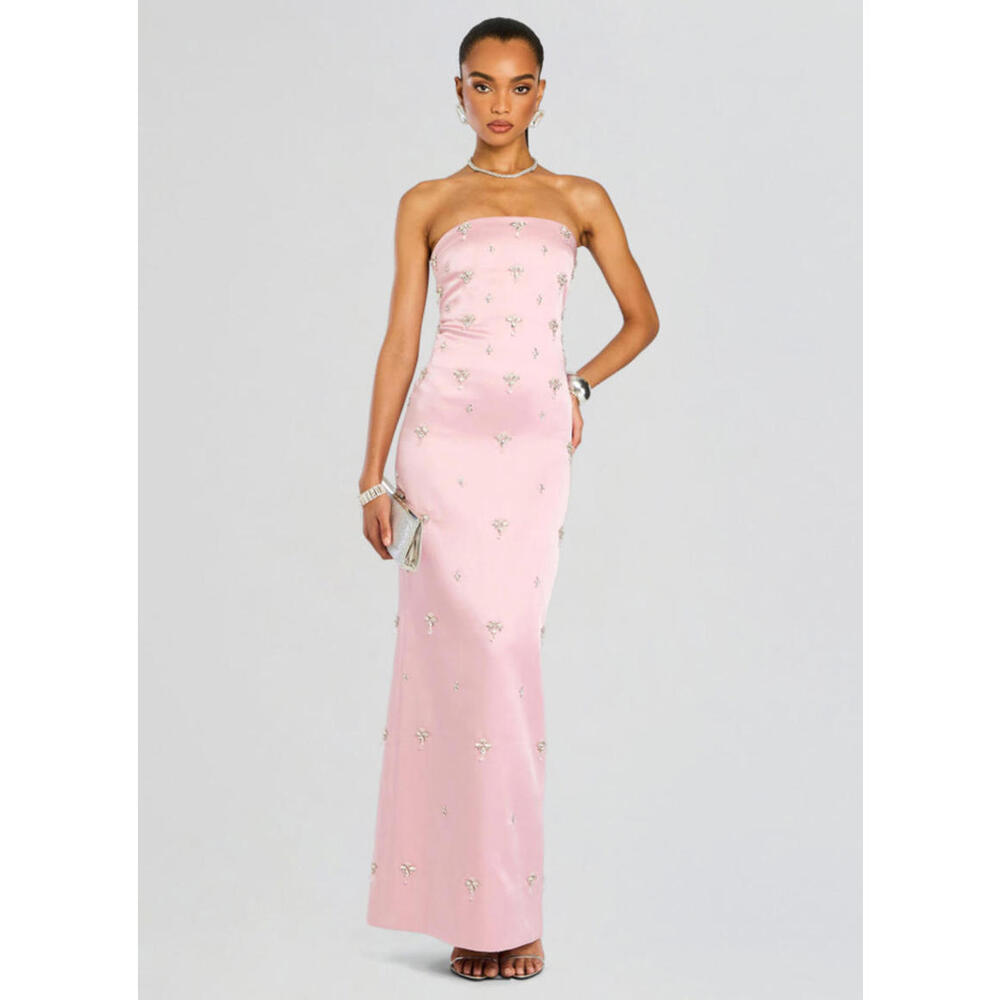 NWT $1098 Elise Blush Pink Satin Crystal Beaded Dress Gown Cocktail XS Rare - Picture 5 of 16